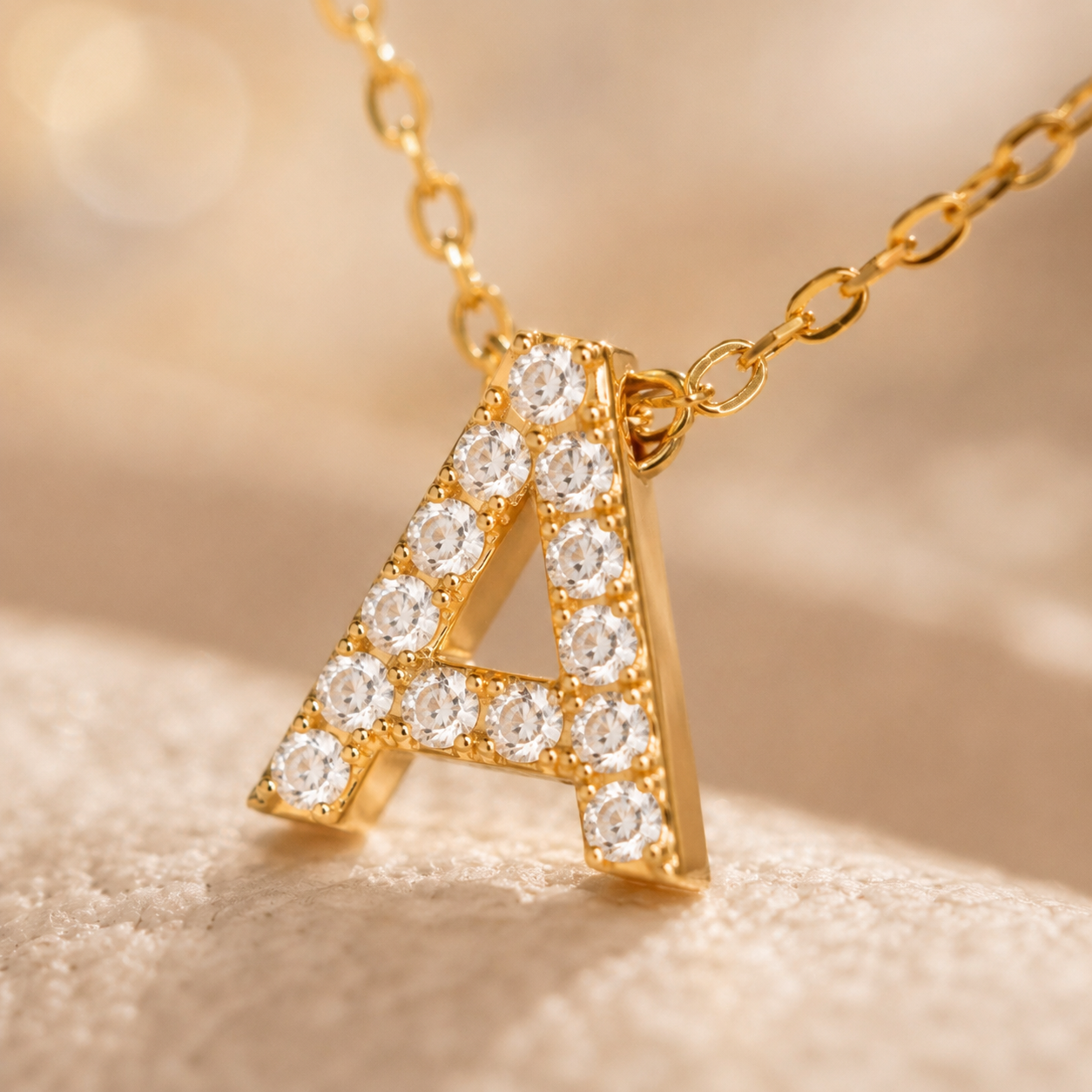 Macro détail d’une lettre A dorée sertie de strass sur un collier personnalisé premium.