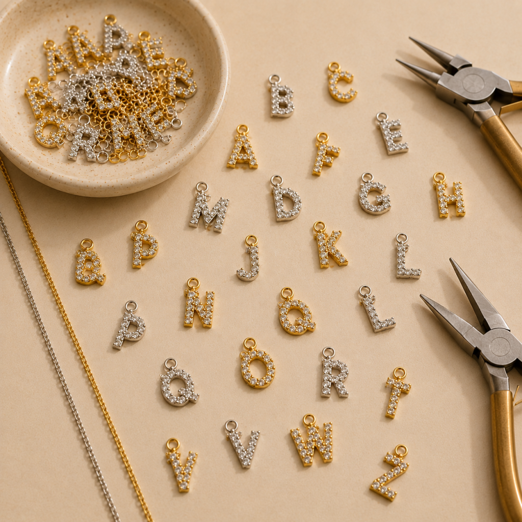 Lettres pendentifs dorées et argentées serties de strass avec chaînes et pinces dans un univers artisanal premium Customéo Jewelry