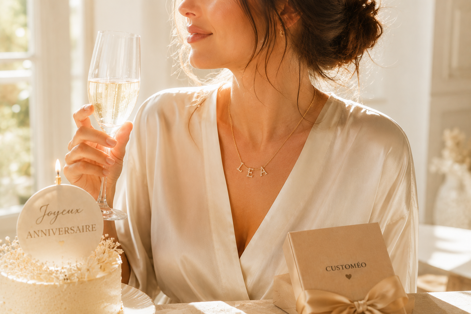 Femme portant un collier prénom Lea personnalisé lors d’un anniversaire élégant et chaleureux