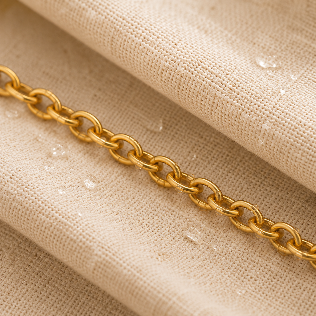 Zoom sur la chaîne dorée résistante à l’eau d’un collier personnalisé en acier inoxydable