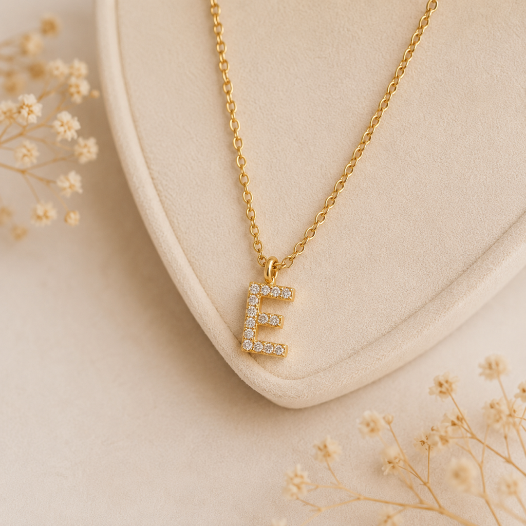 collier initiale E strass or personnalisé Customéo