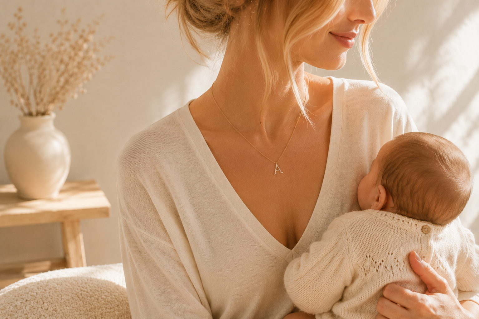 Jeune maman portant un collier initiale personnalisé en tenant son bébé dans une ambiance douce et lumineuse