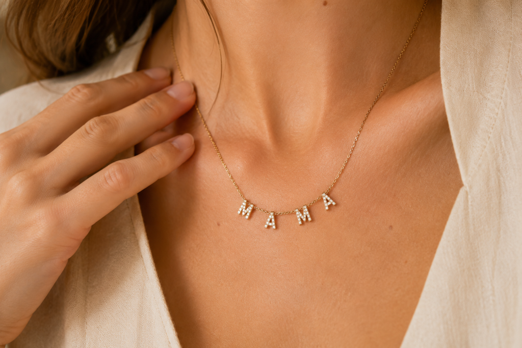 Collier MAMA personnalisé en lettres dorées serties de strass porté autour du cou – bijou personnalisé femme Customéo Jewelry