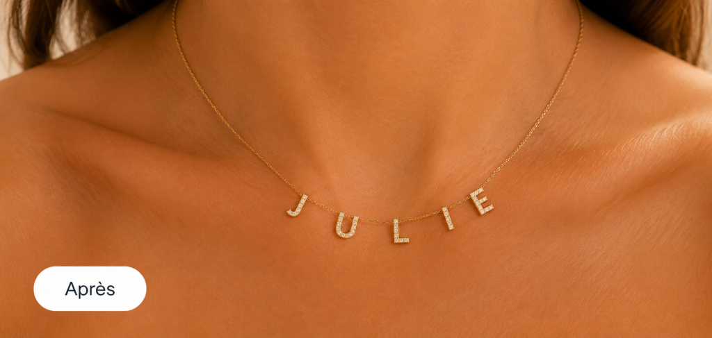 Collier personnalisé prénom JULIE en lettres dorées serties de strass porté sur peau lumineuse dans une ambiance premium après personnalisation.
