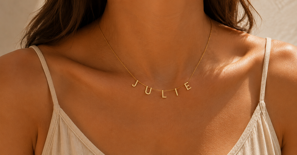 Zoom porté d’un collier personnalisé prénom JULIE en lettres dorées serties de strass sur peau lumineuse dans une ambiance premium.