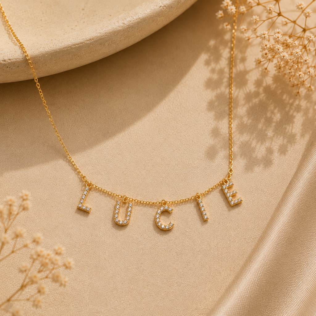 collier prénom Lucie strass doré personnalisé Customéo
