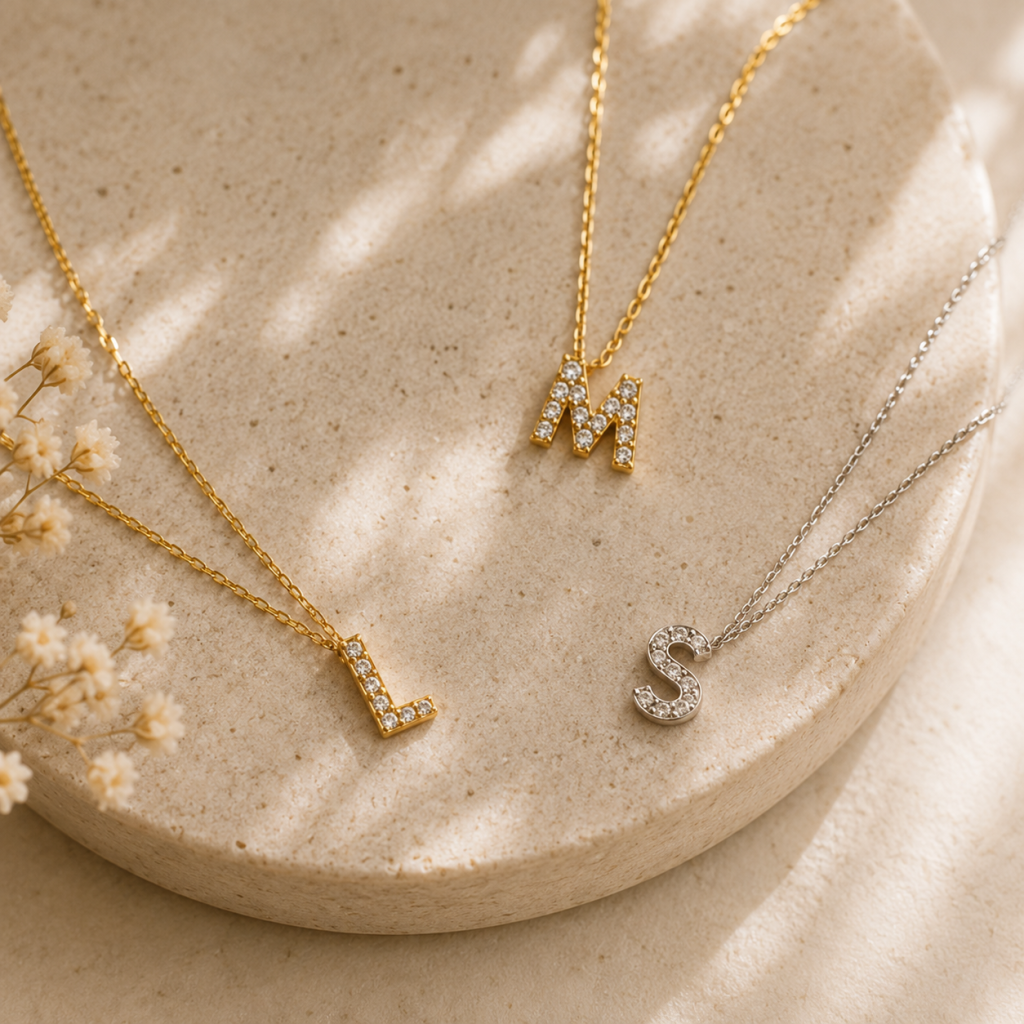 Colliers initiales L M S dorés et argentés sertis de strass sur support céramique beige dans un univers premium minimaliste