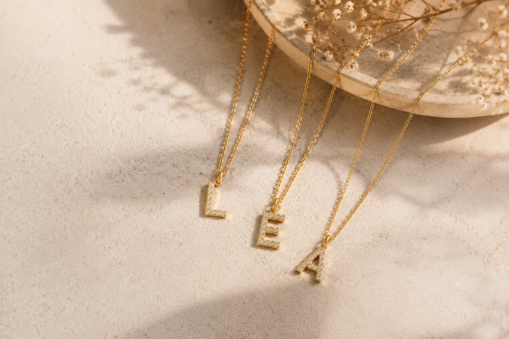 Colliers personnalisés L E A avec lettres dorées serties de strass sur fond beige premium – bijoux Customéo Jewelry