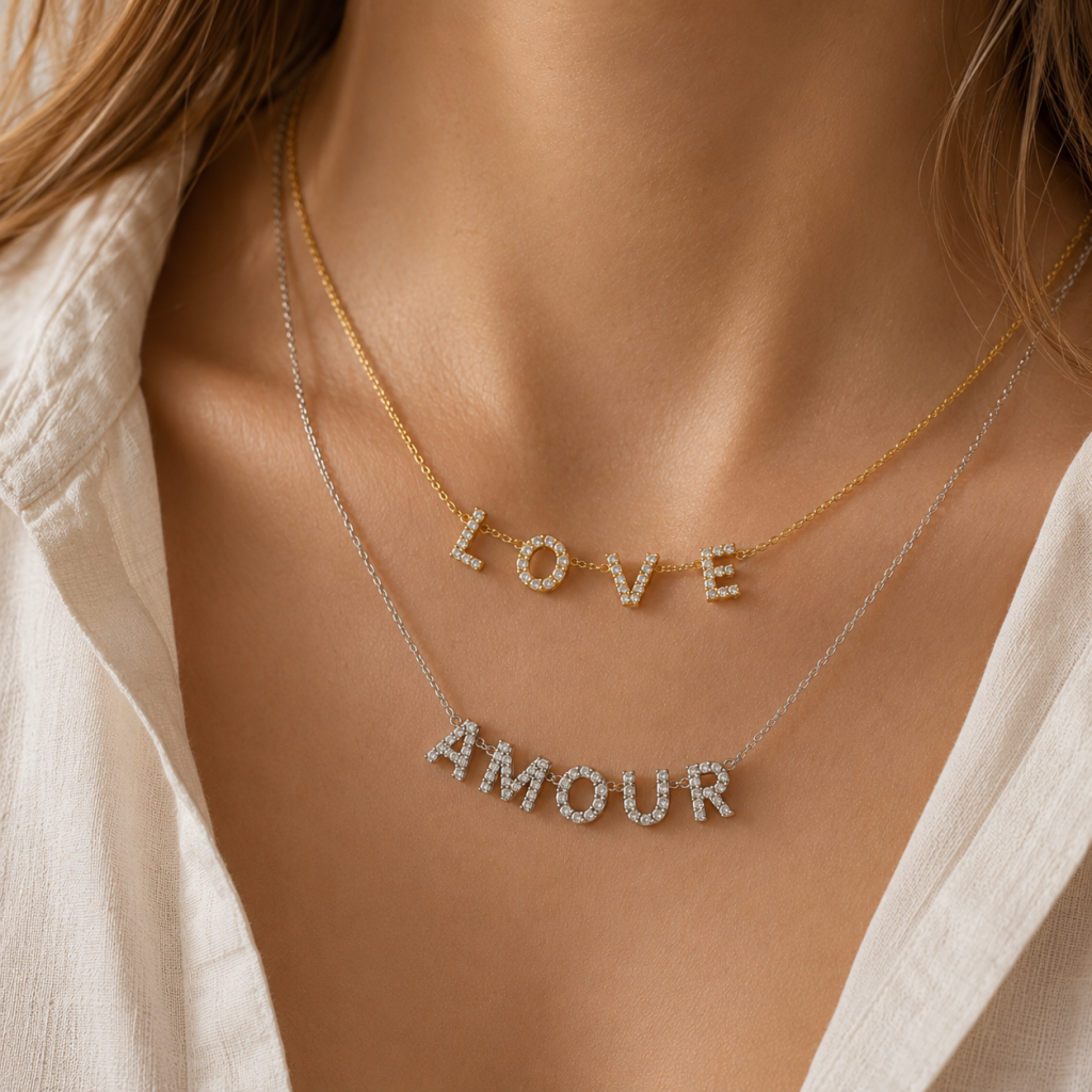 Deux colliers personnalisés sertis de strass portés en accumulation, LOVE en doré et AMOUR en argenté avec chaîne visible entre chaque lettre