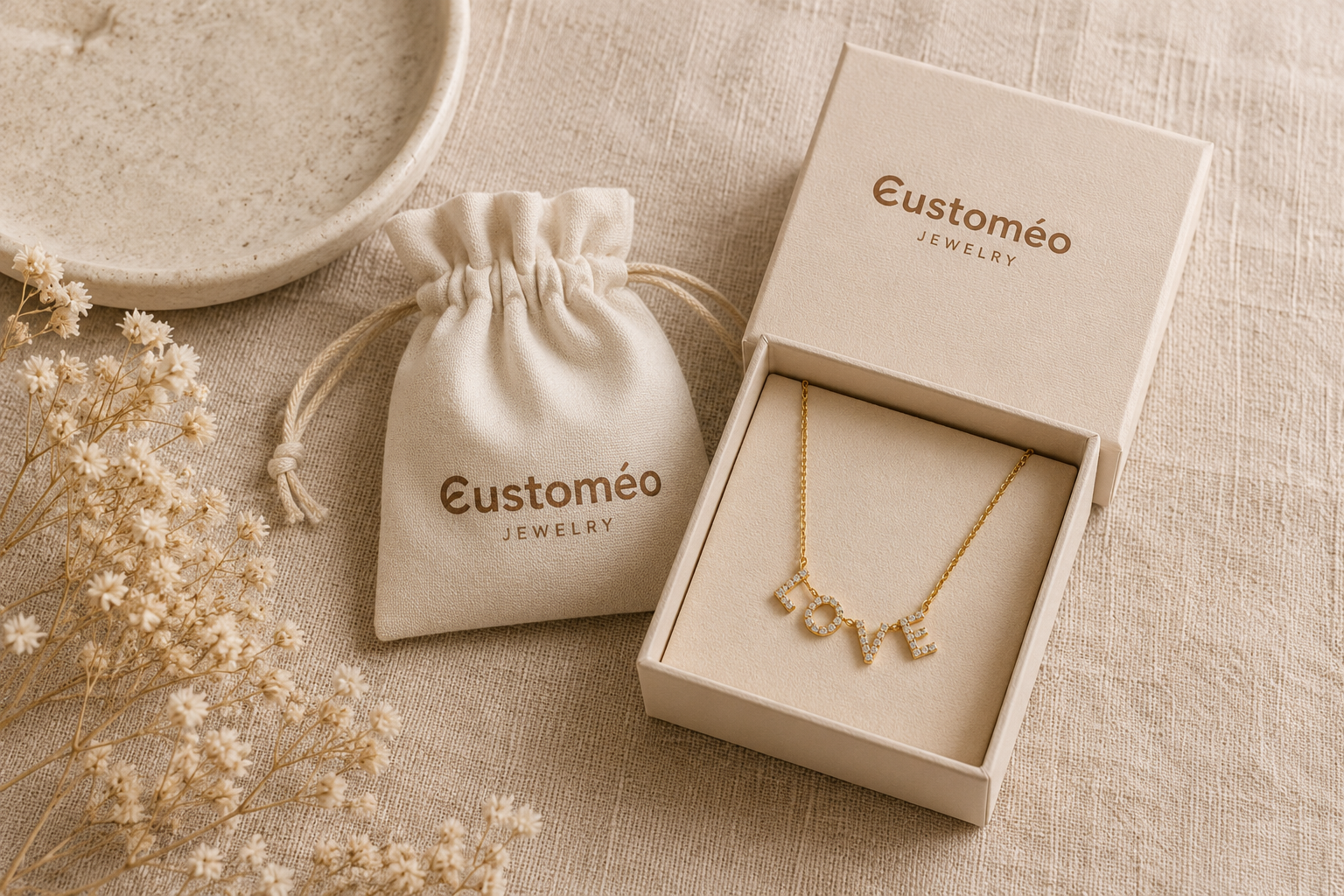 Packaging cadeau premium Customéo Jewelry avec collier LOVE doré serti de strass dans une boîte élégante et pochon en coton naturel