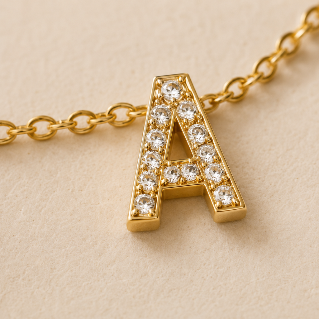 Zoom sur une lettre sertie de strass d’un collier personnalisé initiale en acier inoxydable doré