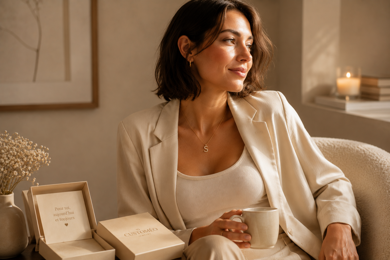 collier initiale personnalisé porté par une femme Customéo