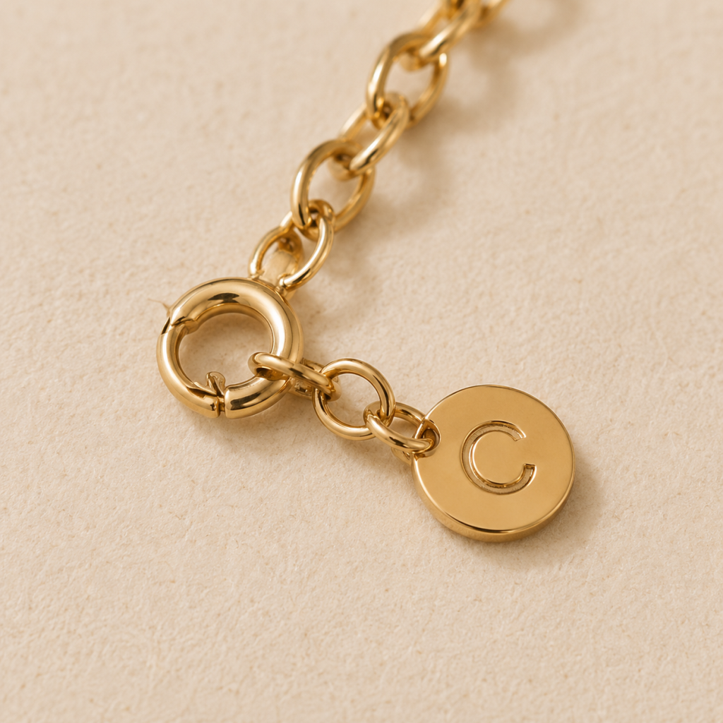Zoom sur le fermoir ajustable d’un collier personnalisé doré en acier inoxydable avec médaille gravée