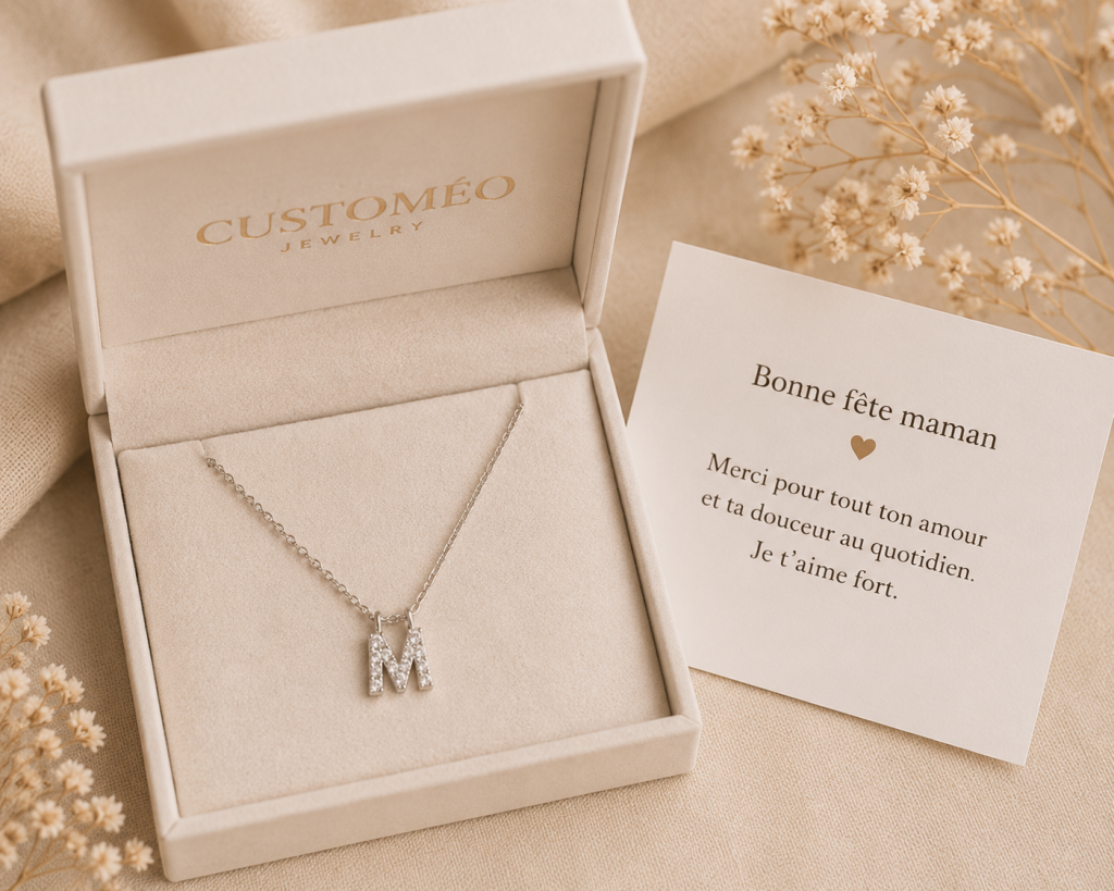 Coffret cadeau Customéo Jewelry avec collier initiale M argenté serti de strass et message personnalisé pour la fête des mères