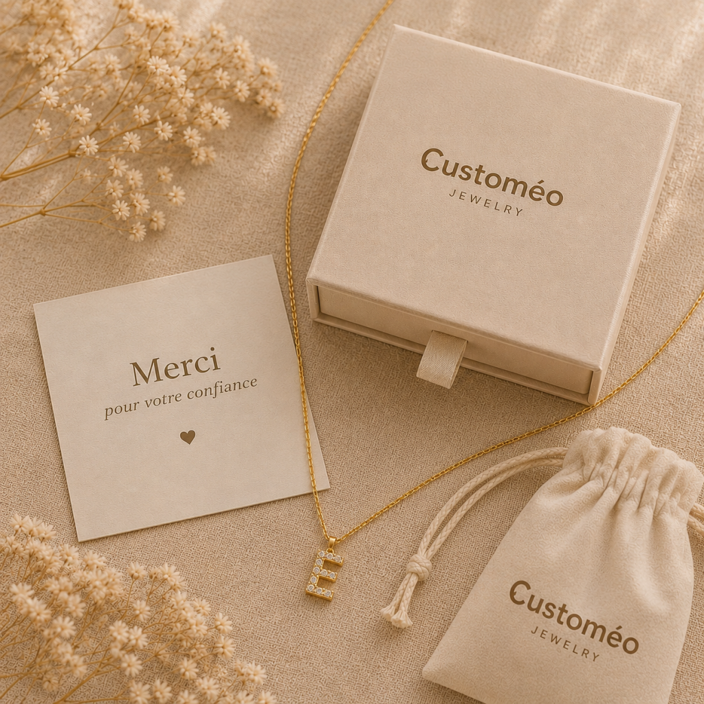 Packaging cadeau premium Customéo Jewelry avec collier initiale E doré serti de strass, carte merci et pochon en coton naturel sur fond beige élégant