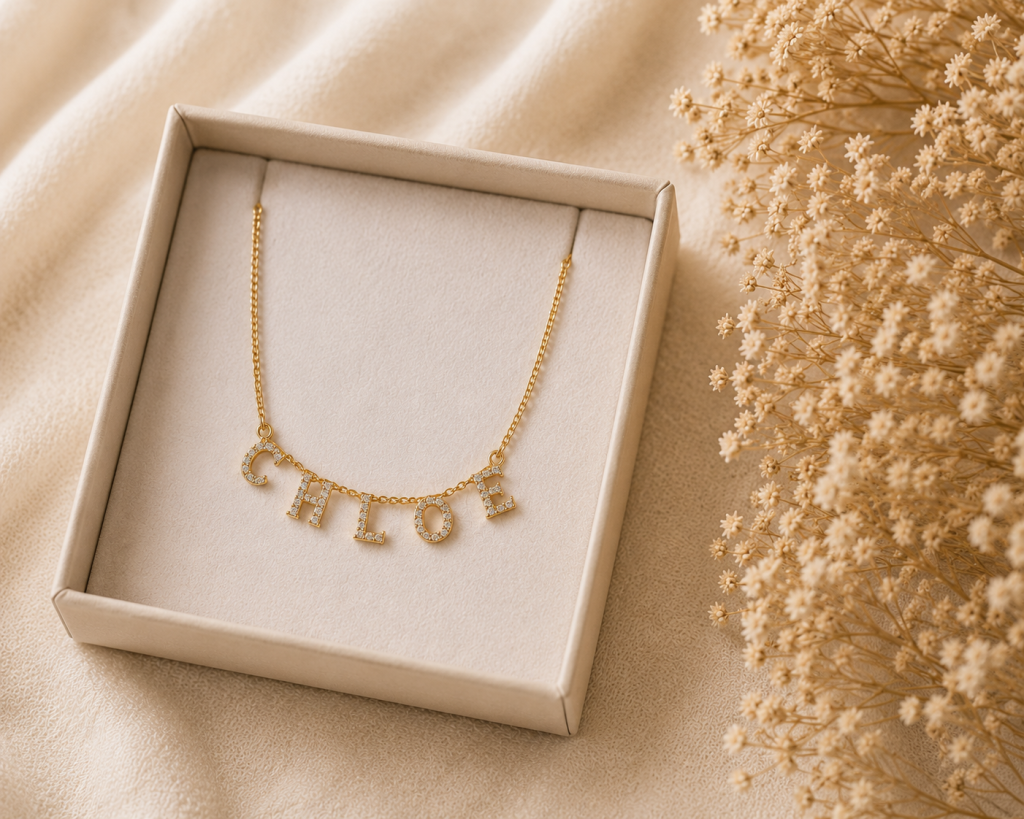 Collier prénom Chloe avec lettres strass dorées présenté dans un coffret cadeau beige
